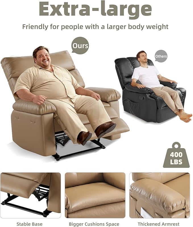 GarveeHome Oversized Wide Recliner Chair - Heat and Massage, PU Leather Extra Wide Manual Recliner for Adults, Large Lazy Chair with 1.5X Sponge Comfort Arm and Back for Living Room, Bedroom