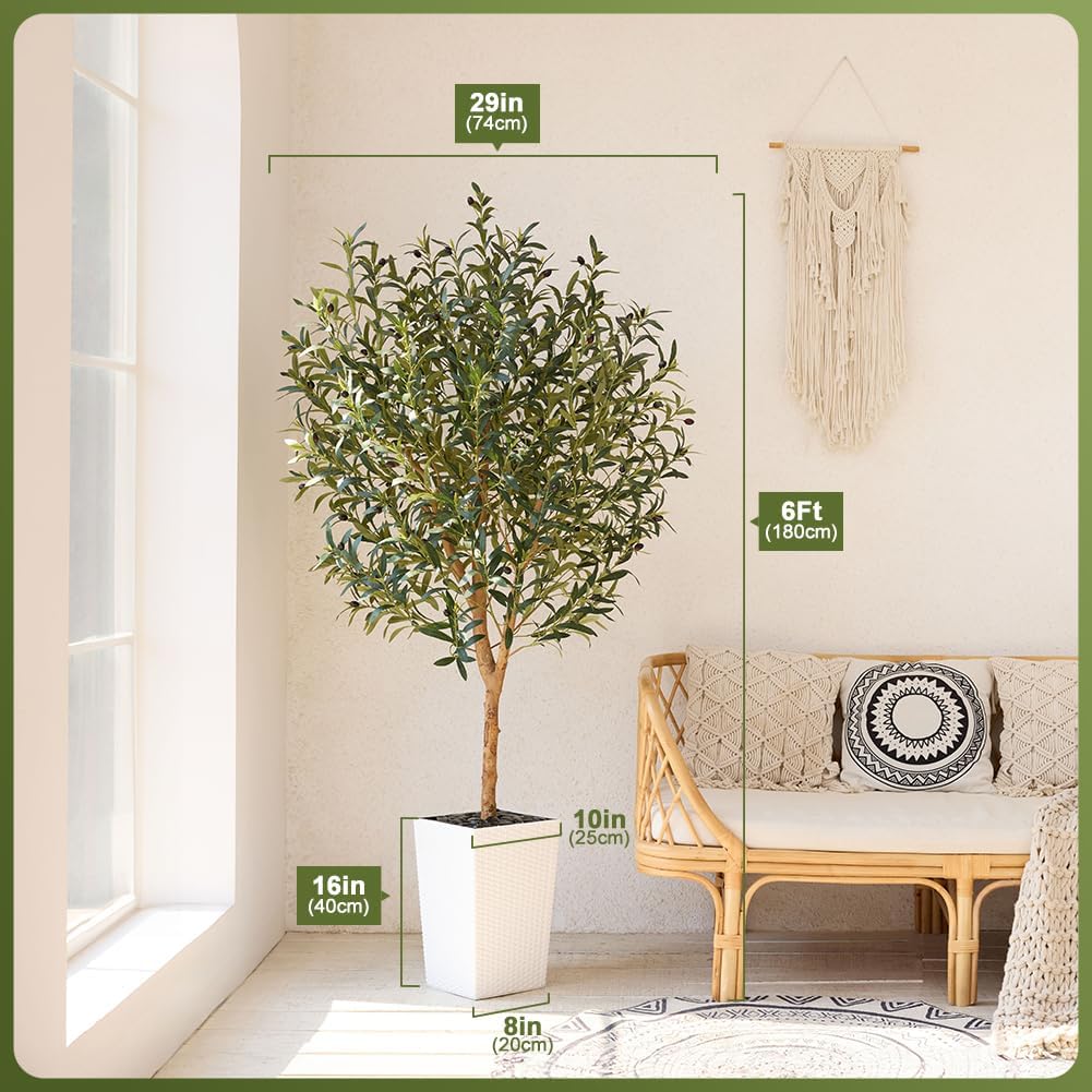 Artificial Olive Tree 6FT, Faux Olive Trees with Real Wood Trunk, UV Resistant Fake Plants in Planter & River Rocks, Indoor Tall Silk Plant for Home Living Room Office Outdoor Decor, VN133