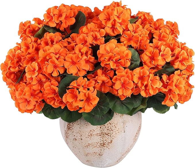 Hananona 12 Pcs Artificial Geranium Flowers for Outdoors Orange Silk Geranium Flowers Outdoor UV Resistant Plants Faux Fall Flower for Home Kitchen Autumn Table Centerpieces Decor (12, Orange)