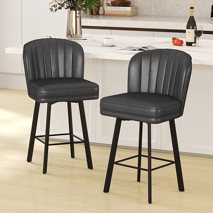 Swivel Counter Height Bar Stools Set of 2, 26'' Modern Barstools with Backs and Metal Legs, Upholstered Bar Chairs, Faux Leather Black Stools for Kitchen Island Chairs