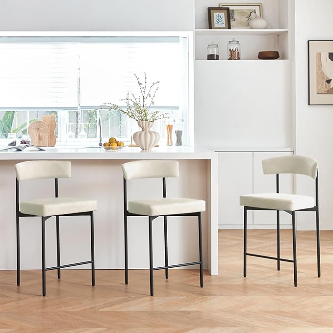 Beige Modern Bar Stools Set of 3, 24 Inch Faux Leather Counter Stools with Curved Backrest, Counter Height Bar Stool for Kitchen Island
