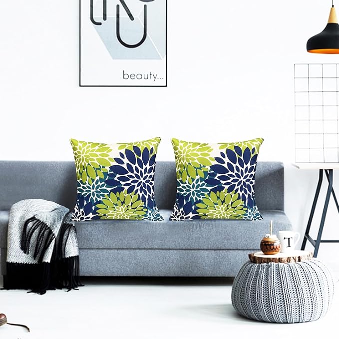 Decorative Throw Pillow Covers Set of 2 Blue Green Pillow Covers 16x16 Inch Couch Pillow Covers for Sofa Living Room Outdoor Throw Pillow Cover Linen Floral Flower Farmhouse Pillowcase