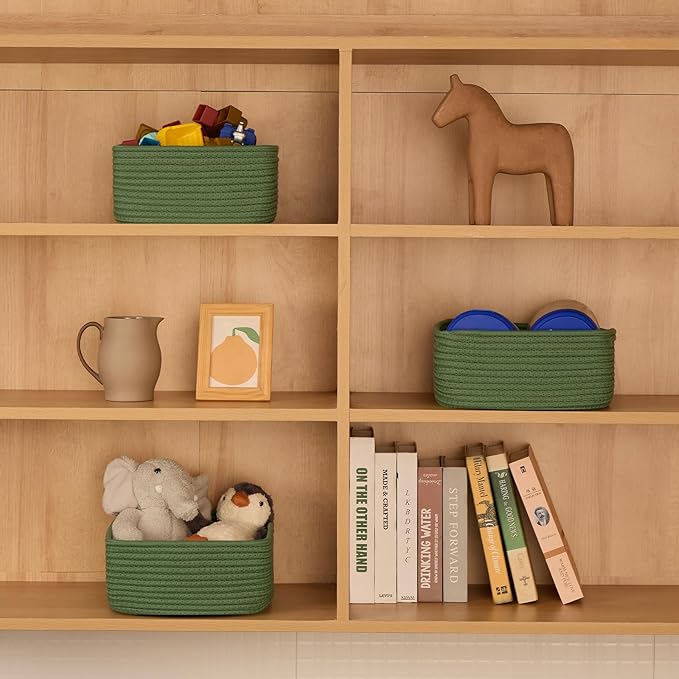 Small Square Shallow Baskets for Organizing, 9.7x9.7x4.3 Inch Rope Woven Storage Bins for Cubes Closet, Shelves Storage, Boho Decorative Basket, 2 Packs Green
