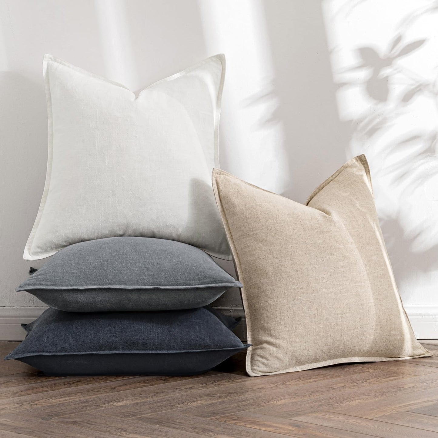 MIULEE Neutral Cream/Gray Linen Pillow Covers Pack of 4 Decorative Nautral Solid Throw Pillow Covers Soft Accent Boho Farmhouse Couch Pillowcases Modern Home Decors for Living Room Bed Sofa 24x24 Inch