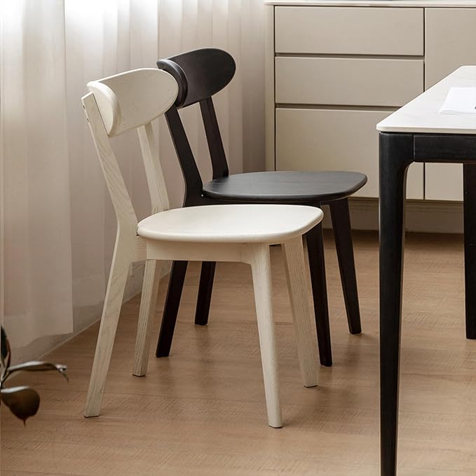 Mid Century Oak Wood Dining Chair, 100% Solid Wood Kitchen Chair with Rounding Edges & Curved Backrest, Modern Armless Accent Dining Chairs for Kitchen Dining, Cream White