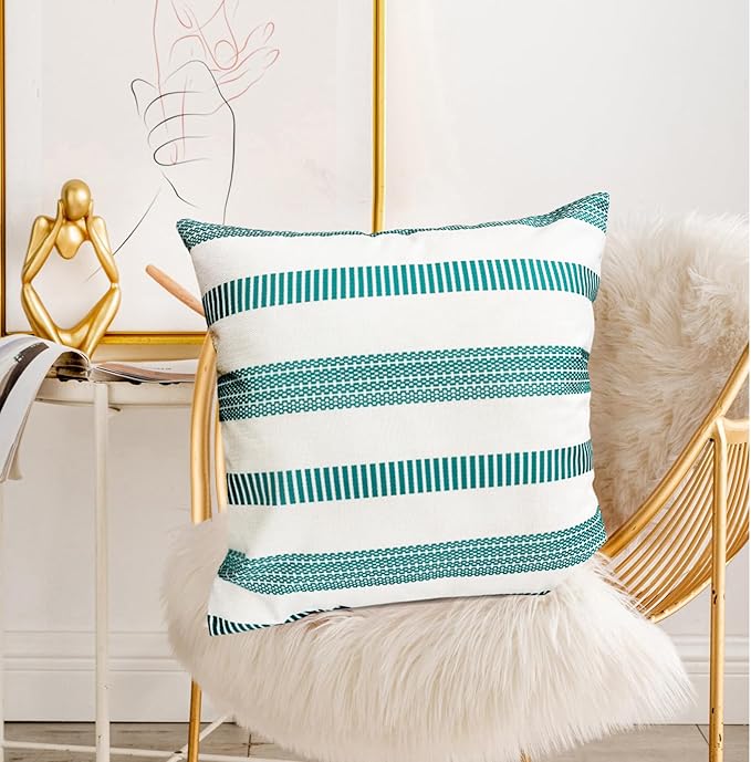 Decorative Throw Pillow Covers Set of 2 Teal Blue Boho Striped Pillow Covers 16x16 Inch Throw Pillow Cover Linen Pillowcase Farmhouse Outdoor Pillow Covers for Couch Sofa Bed Living Room