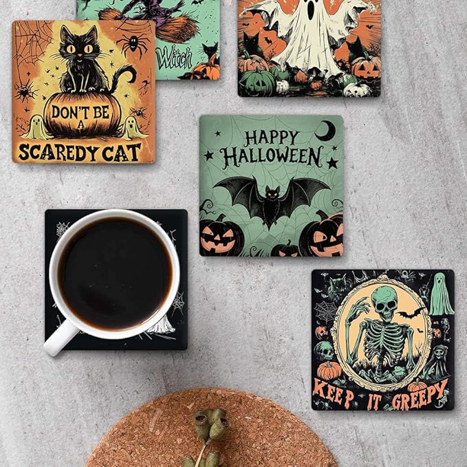 Halloween Drink Absorbent Coasters with Holder Set of 6, Ceramic Stone with Cork Base, Vintage Pumpkin Coaster for Drinks, Gift for Housewarming Room