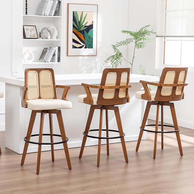Set of 3 Mid Century Modern Bar Stools - 30 inch Swivel Rattan bar stools with Cane Back, Walnut Craftsmanship, Upholstered Faux Leather, Bar Chairs for Bar/ Pub/Island/Cafe ( 30" Seat Height, Beige)