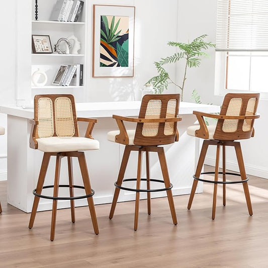 Set of 3 Mid Century Modern Bar Stools - 30 inch Swivel Rattan bar stools with Cane Back, Walnut Craftsmanship, Upholstered Faux Leather, Bar Chairs for Bar/ Pub/Island/Cafe ( 30" Seat Height, Beige)
