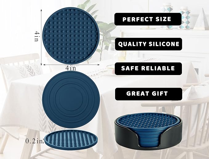 Coasters for Drinks 6 Pcs Drink Coaster with Holder,Heat Resistant Silicone Cup Mat Tabletop Protection,Non-Slip Rubber Coasters for Kinds of Cups (Blue)