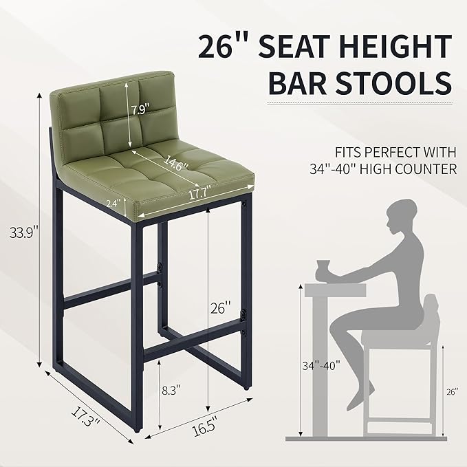 Counter Height Bar Stools Set of 4, Modern Counter Stools with Back and Thickened Metal Legs, Armless Bar Chairs for Kitchen Island (Avocado Green, 4Pcs 26" Bar Stools)