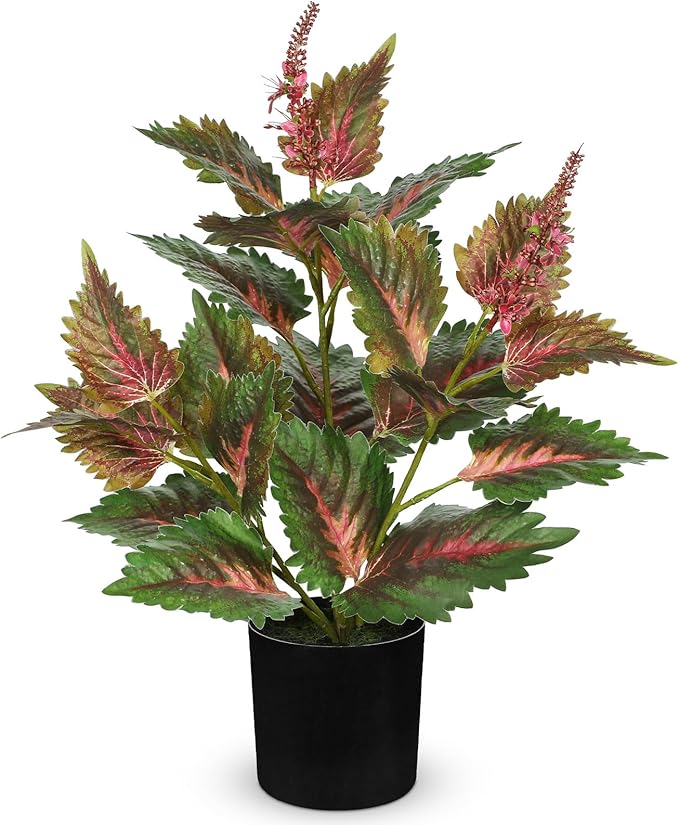 Artificial Plants Indoor with Pot 16.9" Faux Potted Perilla Plants Indoor Decorative Silk Greenery in Black Pot for Farmhouse Home Bathroom Living Room Office Table Shelf Decor