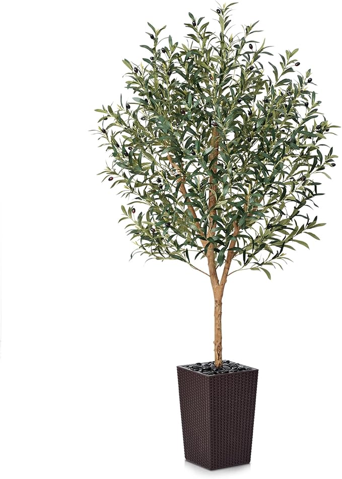Artificial Olive Tree 6FT, Faux Olive Trees with Real Wood Trunk, UV Resistant Fake Plants in Planter & River Rocks, Indoor Tall Silk Plant for Home Living Room Office Outdoor Decor, VN133
