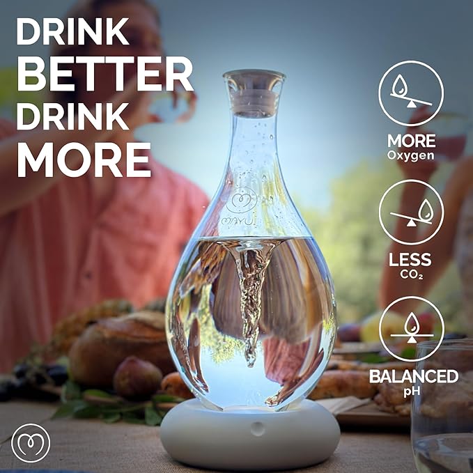 MAYU Swirl Structured Water Carafe - Innovative Vortex Technology Handblown Pitcher. Post Reverse Osmosis Filter Aerating Water Dispenser Stand 1.5 Liter| 51Oz Dining Glass Jug Design (Graystone Base)