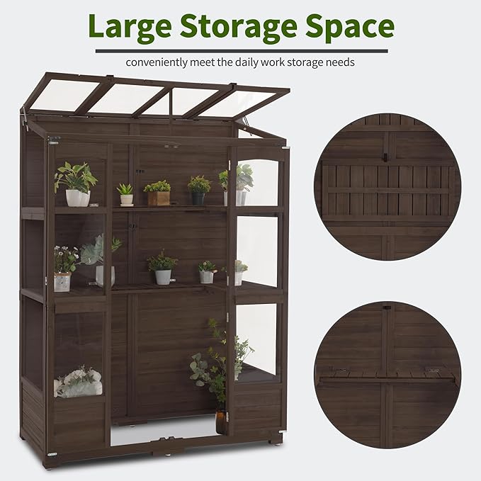 MCombo Wooden Greenhouse, Walk-in Outdoor Greenhouse with Openable Roof and Lockable Door, 0899 (Brown)