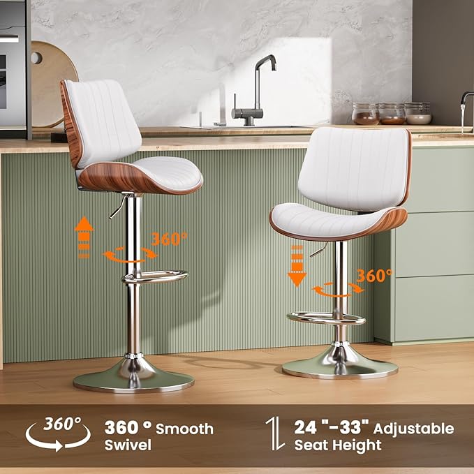 Swivel Bar Stools Set of 4, Adjustable Bentwood Barstools for Kitchen Counter, Modern PU Leather Upholstered Bar Chair with Back and Footrest, for Kitchen Island, Bar, Dining Room, White