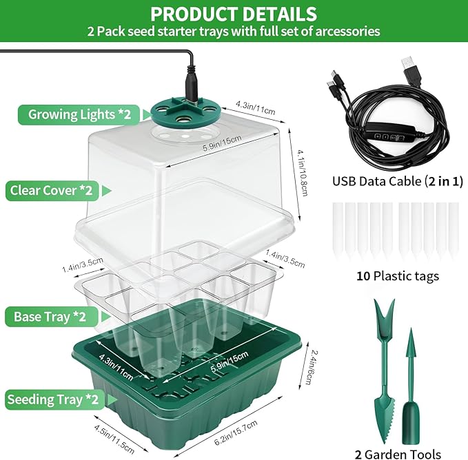 Seed Starter Tray with Plant Light, 2 Pack Grow Lights for Seed Starting Kit with Humidity Domes, Timing Controller Adjustable Brightness for Greenhouse Propagator Station Planting Growing