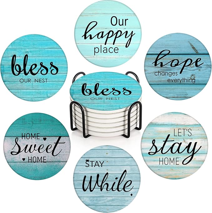 Britimes Coaster for Drinks Set of 6, Antique Teal Blue Wood Beach Table Absorbent Round Ceramic Stone Mat, with Cork Base and Metal Holder, Gift for Housewarming Room Bar Decor