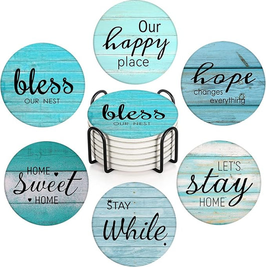 Britimes Coaster for Drinks Set of 6, Antique Teal Blue Wood Beach Table Absorbent Round Ceramic Stone Mat, with Cork Base and Metal Holder, Gift for Housewarming Room Bar Decor