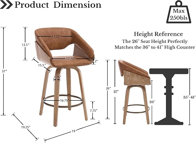 HNY 26 Inch Swivel Bar Stools with Back Set of 2, Brown Faux Leather Upholstered Counter Height Barstools with Solid Bentwood Frame, Round Footrest, Modern Barrel Counter Stools for Kitchen Island