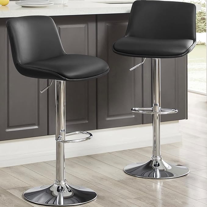 MINCETA Bar Stools,Modern Upholstered Swivel Stool with Back for Bar and Counter Height, Adjustable Height 24" to 34",Set of 2,PU in Black