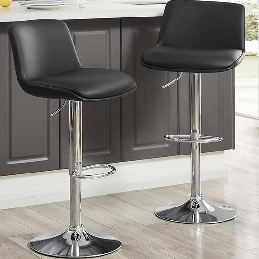 MINCETA Bar Stools,Modern Upholstered Swivel Stool with Back for Bar and Counter Height, Adjustable Height 24" to 34",Set of 2,PU in Black