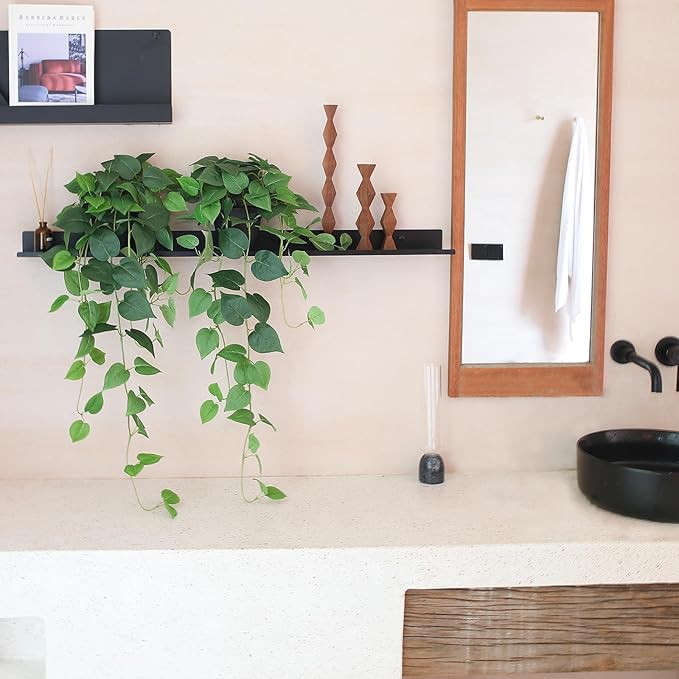 Fake Pothos Hanging Plants – Set of 2 Faux Ivy Vines with Pots, Realistic Silk Devil’s Ivy for Indoor Décor, Low Maintenance Artificial Greenery for Home or Office (Green)