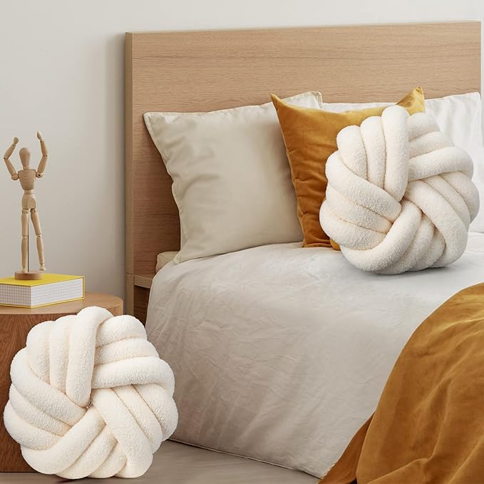 Marsui 2 Pieces Knot Ball Pillows 14 x 14 Inch Decorative Pillow for Couch Bedroom Plush Throw Knot Pillow Soft Handmade Chair Cushion for Living Room Car Decorations(Beige)