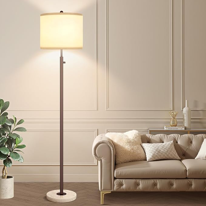 Nintiue 【Upgraded】 Dimmable Floor Lamp for Living Room, 11W LED Bulb Included, Modern Standing Lamp with Marble Base, Tall Pole Light with Linen Shade for Bedroom Reading Office Corner Nursery-Brown