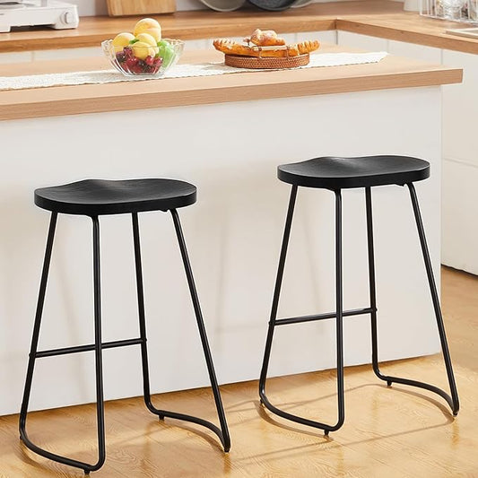 HeuGah Barstools Set of 2, 26" Counter Height Bar Stools with Metal Leg, Rustic Backless Bar Stools for Kitchen Island, Wood Bar Chairs with Saddle Seat (Black, 2 PCS 26Inch Counter Chair)