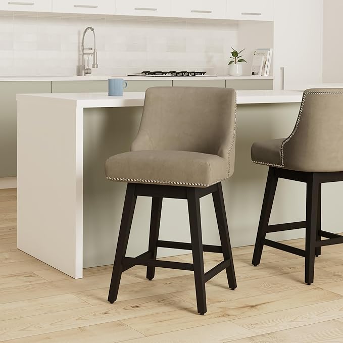 CHITA Counter Height Swivel Bar Stools, FSC Certified Upholstered Counter Stools, Modern Swivel Barstools with Wood Legs for Kitchen Island, 26" Seat Height, Faux Leather in Stone Grey