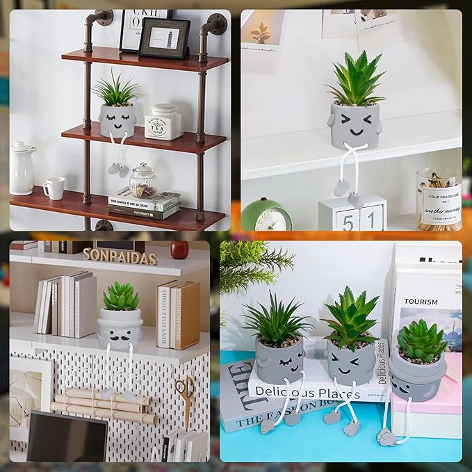 Small Fake Plants Faux Succulents in Grey Pots with Hanging Leg Potted Mini Fake Plants for Office Desk Decor Cute Artificial Succulent Plants for Home Office Desk Decor and Gift Choice - Set of 3