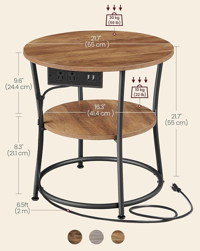 VASAGLE Side Table, 2-Tier Round End Table with Power Outlets, Nightstand with Steel Frame for Small Spaces, Living Room, Bedroom, Honey Brown and Ink Black ULET077K02