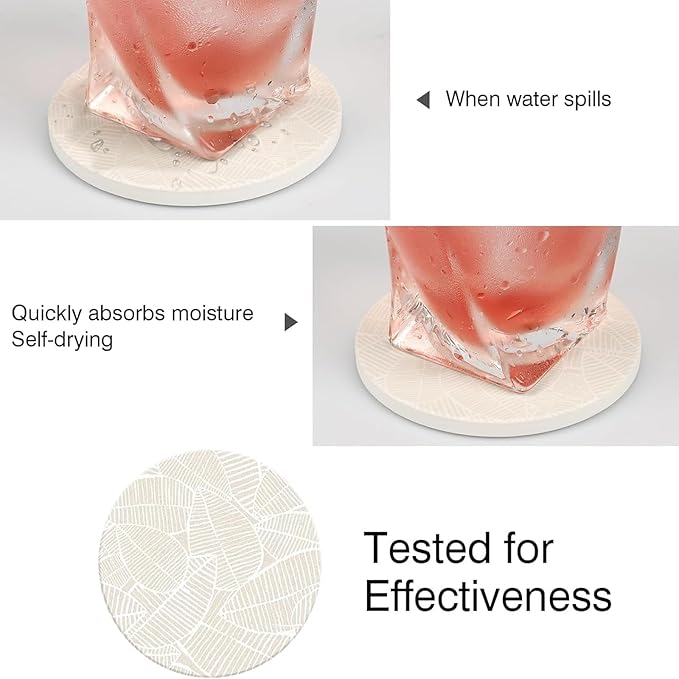 Ceramic Table Coasters for Drinks Set of 2, Cute Desk Office Coasters with Cork, Funny Marble Glass Cup Posavasos Absorbent for Coffee or Plant, Heat-Resistant Protect Furniture (2Pack, Leaf)