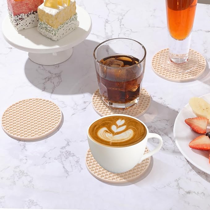 Tapioca Silicone Coasters Set of 16 with Holder, Drinks Coasters, Suitable for Hot or Cold Cups, Anti-Slip, Non-Stick, Anti-Overflow Tabletop Protection and Decor
