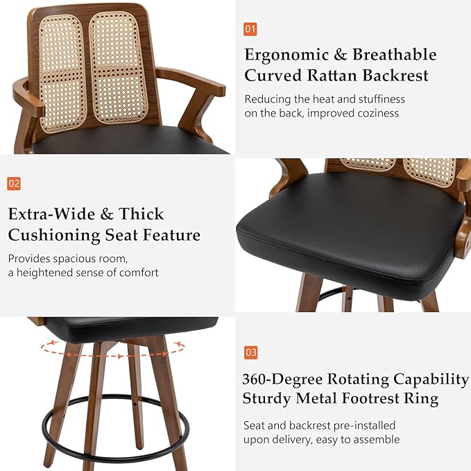Set of 2 Rattan Bar Stools - 30 inch Swivel Mid Century BarStools with Cane Back, Walnut Craftsmanship, Upholstered Seat, Bar Height Stools for Bar/Pub/Island/Cafe (30" Seat Height, Black)
