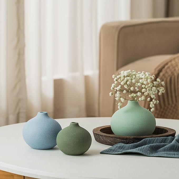 Ceramic Vase Set of 3, Mini Flower Vase for Home Decor, Modern Vase, Small Flower Vases for Dining Table Centerpieces,Living Room,Shelf,Mantel and Entryway Display