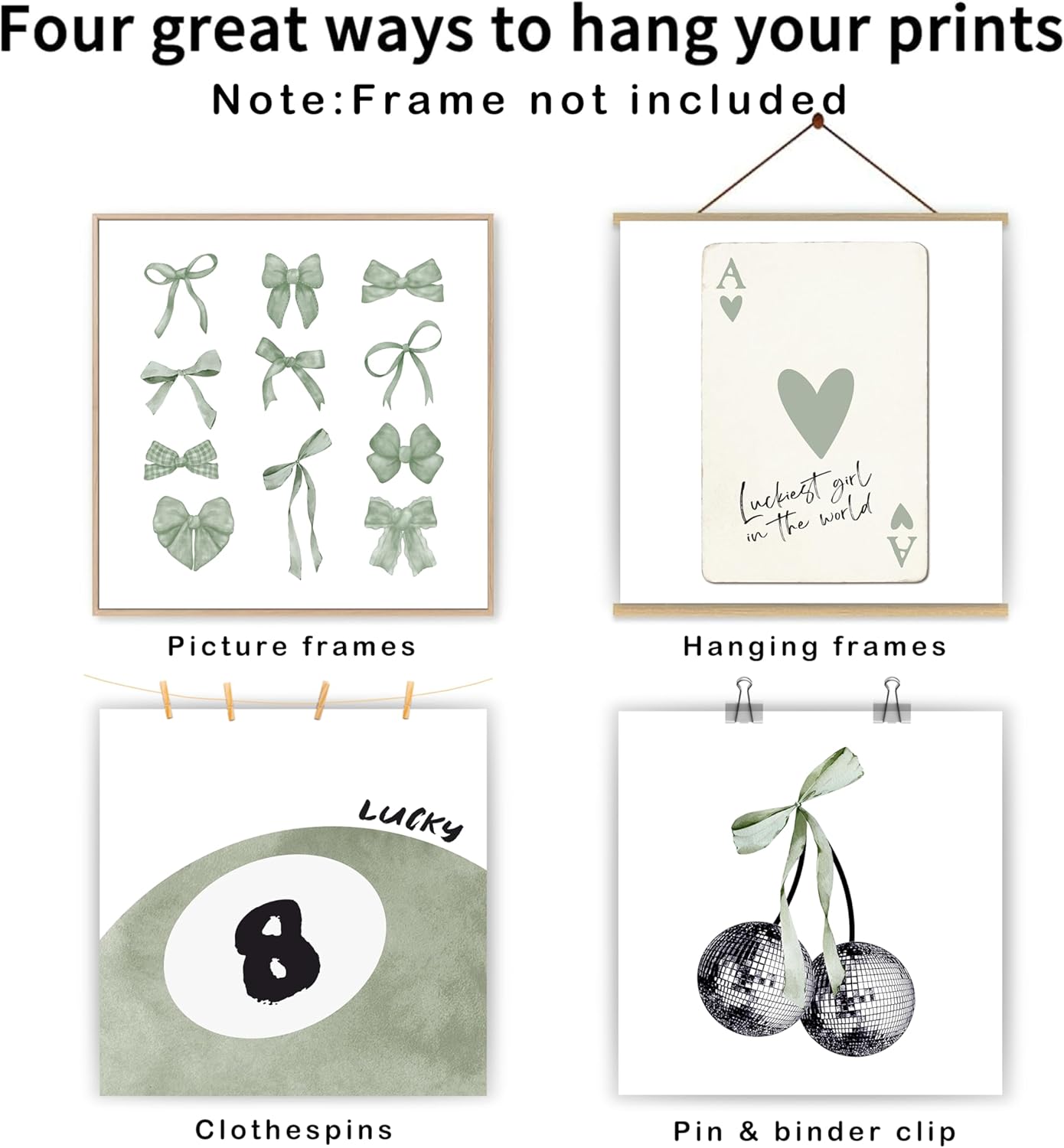 okaxscm Sage Green Coquette Trendy Preppy Wall Art Prints Set of 4, Coquette Preppy Room Decor Aesthetic, Green Bow Disco 8 Ball Cherry Wall Decor Posters for Girls Bedroom Dorm,10x10 Unframed