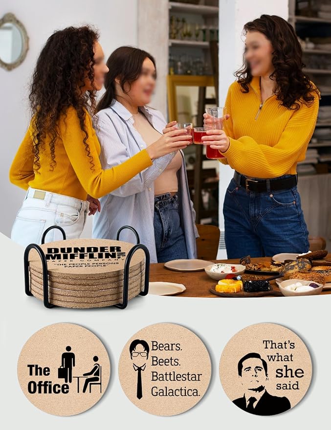 Funny The Office Coasters for Drinks - The Office Merchandise Coasters Set of 6 with Holder, The Office TV Show Gifts for Coffee Table, The Office Gifts for Man Women Fans