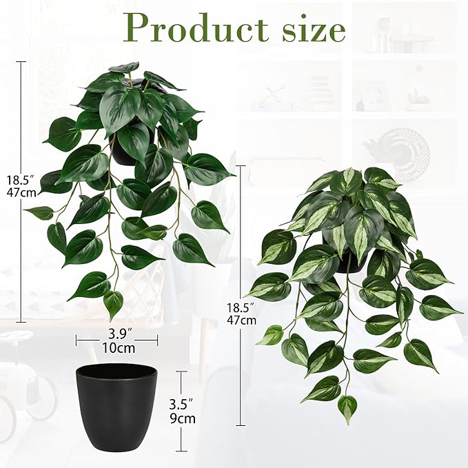 DILATATA 2 Pack Artifitial Hanging Plants 18" Fake Devil's Ivy Golden Pothos Plants, Hanging Potted Plants for Home Office Bedroom Indoor Outdoor Decor