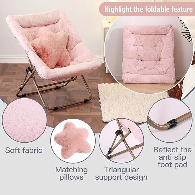 Welnow Comfy Saucer Chair, Oversized Folding Reading Chair for Adults with Throw Pillow Soft Faux Fur Lounge Chair for Bedroom Furry Accent Chair for Living Room, Dorm Rooms, Pink