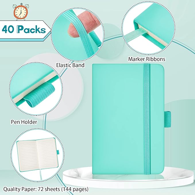 40 Pieces Small Notebooks A6 Pocket Journals 3.5 x 5.5 Inch Small Leather Notebook Mini Ruled Lined Journal with Elastic Band Pen Holder Page Marker Ribbons (Light Blue)