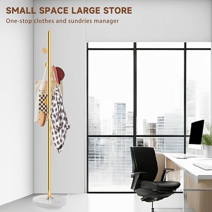 Metal Coat Rack Freestanding, Sturdy Coat Rack Stand with Natural Marble Base, Modern Golden Coat Racks Tree Hats Hanger Holder Stand for Entryway, Hallway, Bedroom