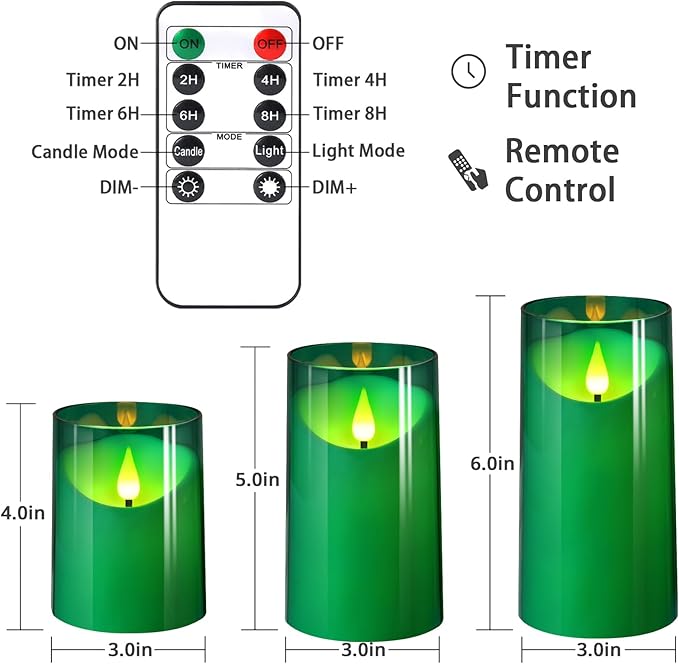 NURADA Flameless Candles: 3D Wick Battery Operated LED Pillar Acrylic Fake Candles with Remote and Timer for St. Patrick's Day Home Holiday Christmas Party Table Decor - 3 Pack Green