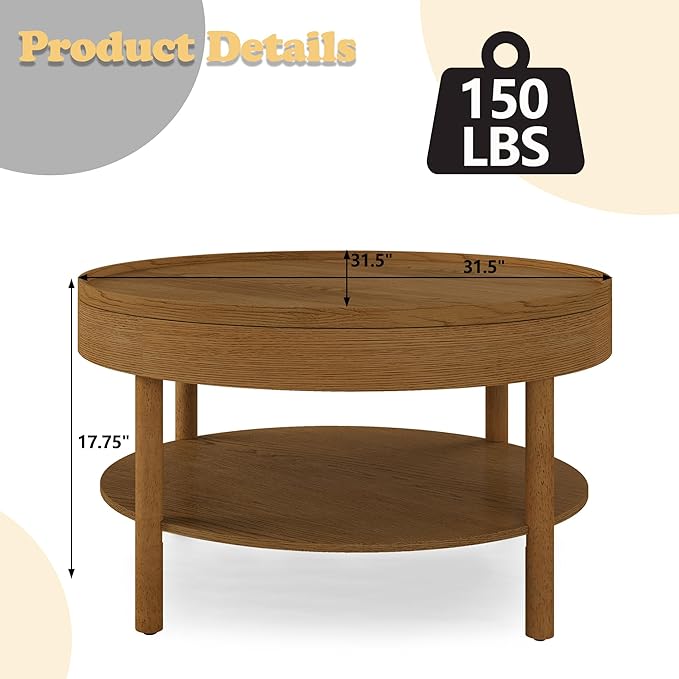 Round Coffee Table,Living Room Table with 3 Tiers 31.5 Inch Storage Pivoting Table with 3 Tiers, Made Entirely of Rubberwood and MDF Board (Brown 31.5" x 31.5" x 17.75")