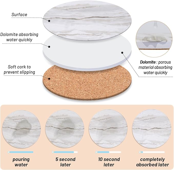 Caffox Coasters Set of 10, Absorbent Drink Coasters with Holder, Marble Style Ceramic Coaster for Wooden Table, Home Decor, 4 Inches(Griege)