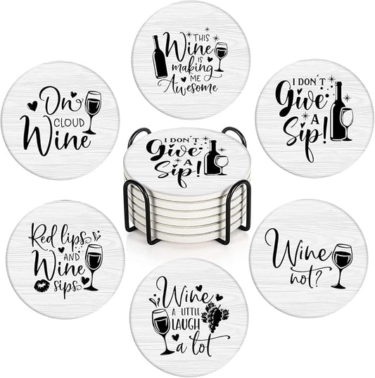 Britimes Coaster for Drinks Set of 6, Inspirational Motivational Phrase Absorbent Round Ceramic Stone Mat, with Cork Base and Metal Holder, Gift for Housewarming Room Bar Decor