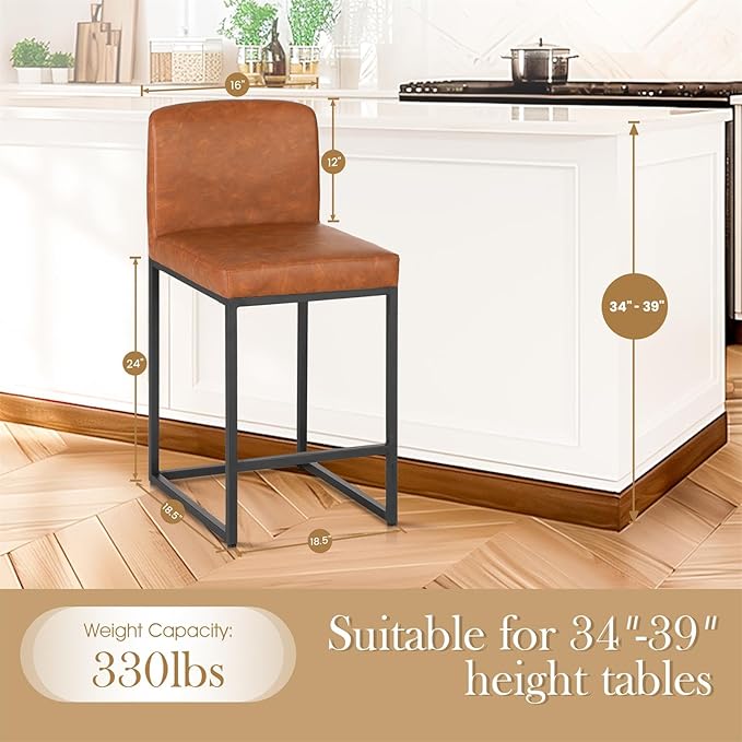 Sophia & William Brown Bar Stools, Counter Height 24" Bar Stools with Back, Modern PU Leather Kitchen Island Bar Chairs,1 Pack