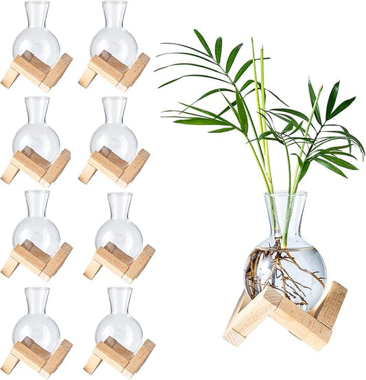 Propagation Stations, Propagation vases with Wooden Stand, Small Tabletop Glass Bulb Vases for Hydroponics Plant Propagation Station Home Office Decoration, Gift for Women Plant Lovers (9)