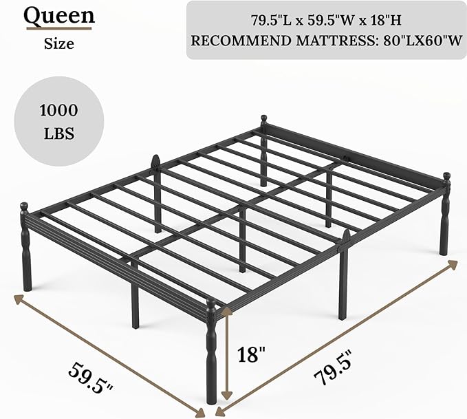 18 Inch Queen Metal Bed Frame with Mattress Slide Stopper, Queen Size Platform Bed Frames No Box Spring Needed, Heavy Duty Bedframe, Easy Assembly, Noise Free